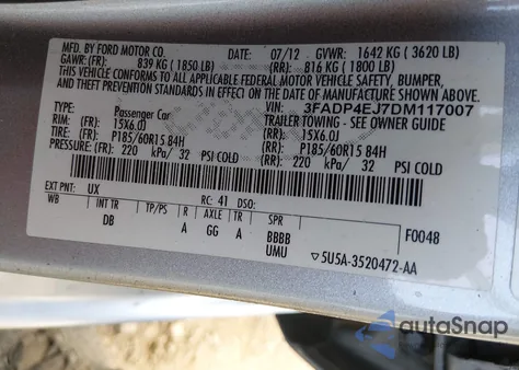 2013 Ford Fiesta Se из США, поврежденный, VIN 3FADP4EJ7DM117007